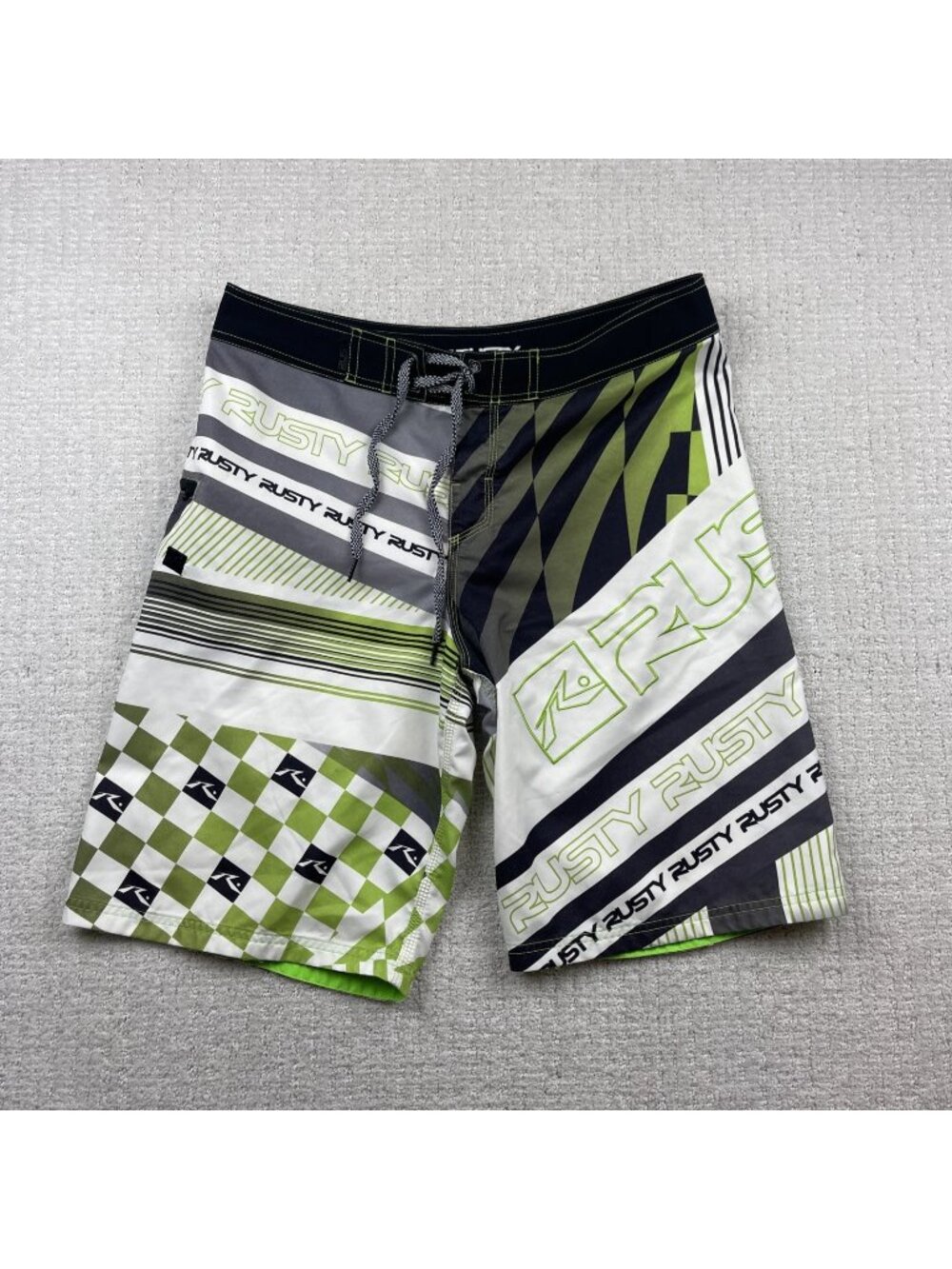Y2K Rusty Surfing Board Shorts Neon Green Size 32 Swimwear Surfer Skater 2000's